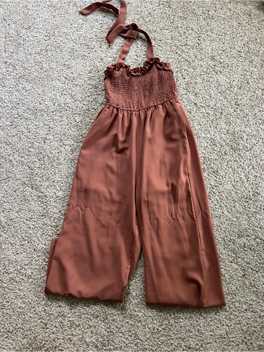 Smocked Halter Wide-Leg Jumpsuit - Rust